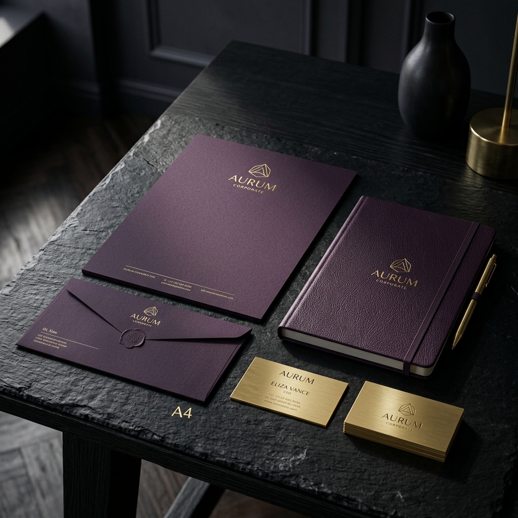 Luxury corporate identity stationery mockup — violet paper and gold accents