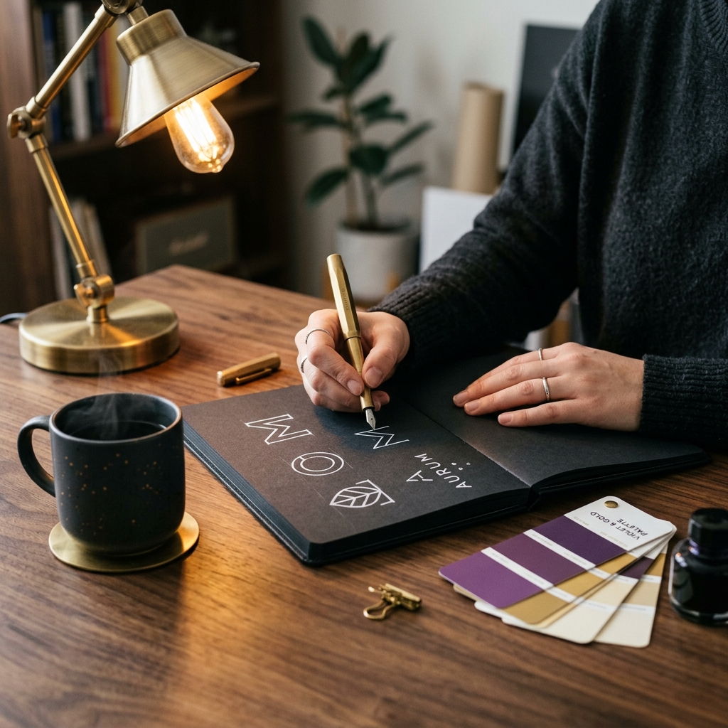 Designer sketching logo concepts in high-end black sketchbook