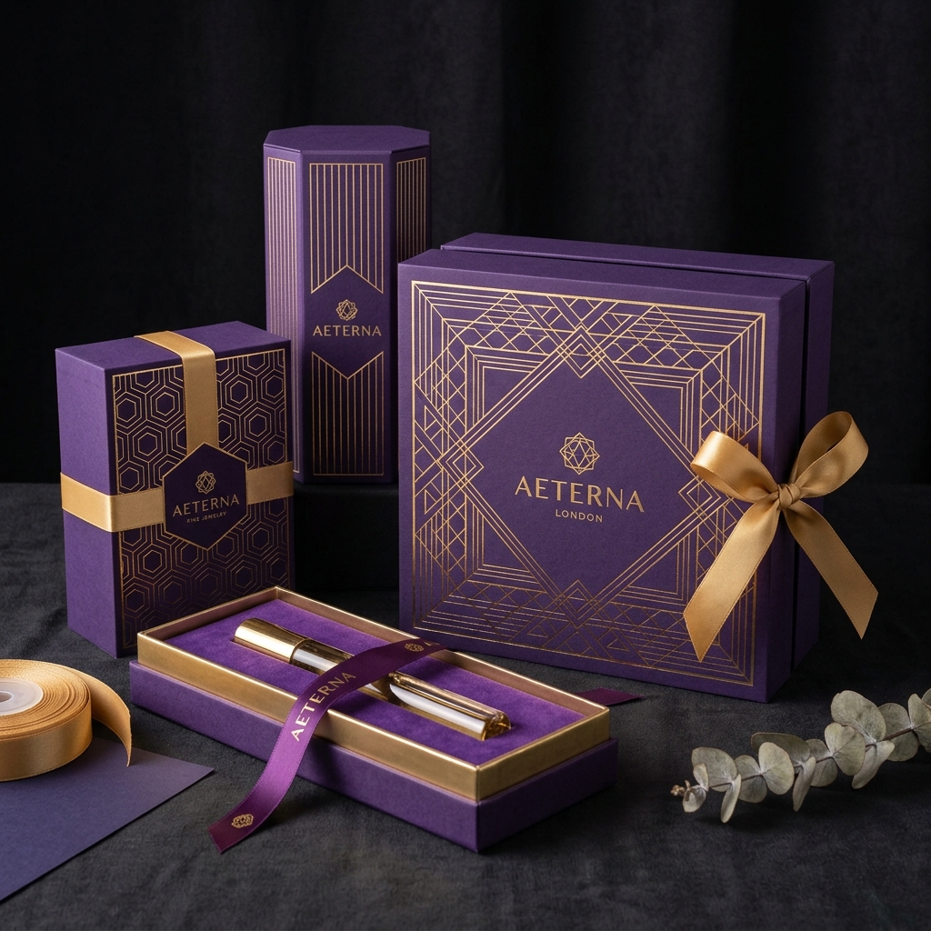 Premium custom violet and gold boxes packaging design