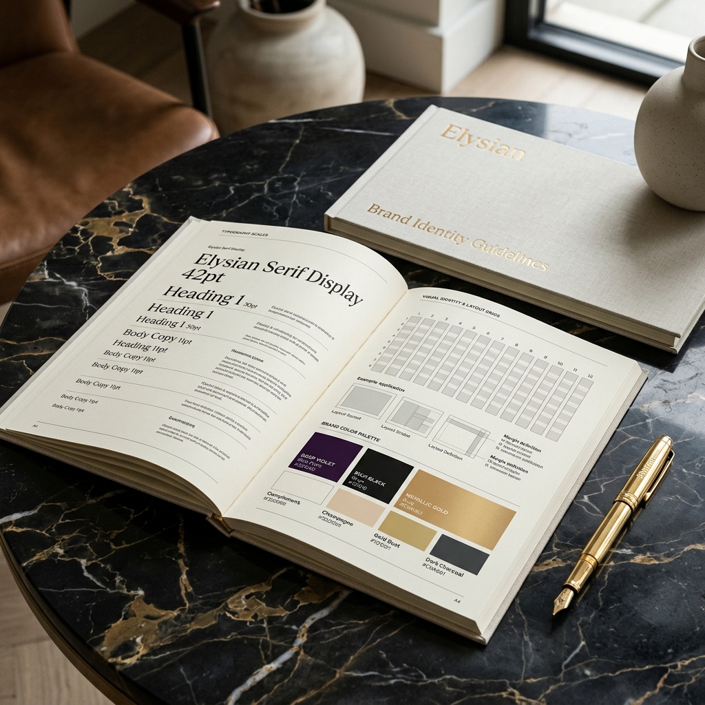 Luxury brand guidelines book open on a dark table