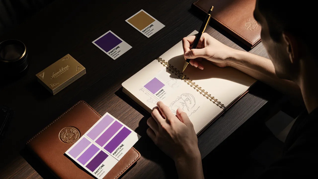 Brand identity workspace — Pantone swatches in violet and gold with designer hands sketching