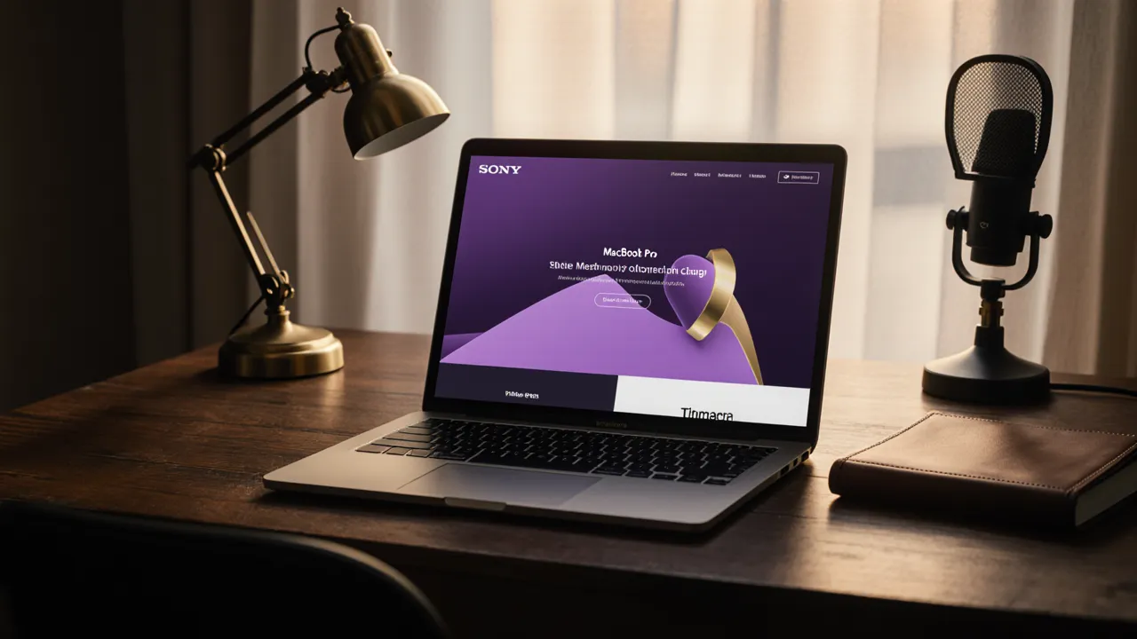 MacBook displaying violet and gold website mockup on a walnut desk