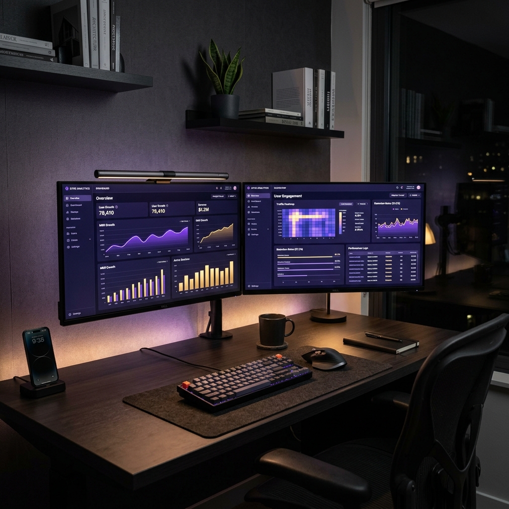 Sleek dual-monitor desk setup displaying a dark violet SaaS analytics web dashboard