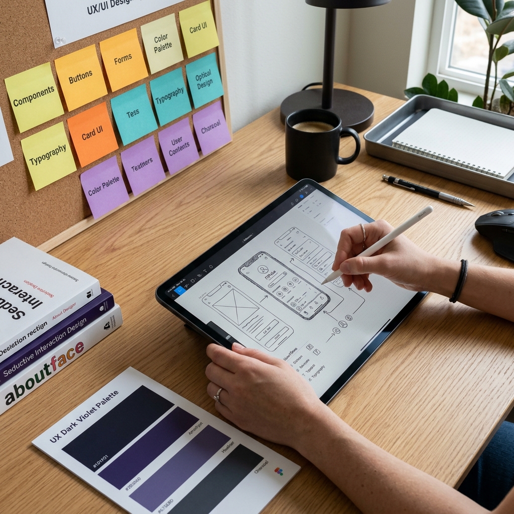 Hands drawing mobile app wireframes on a tablet with Apple Pencil and sticky notes