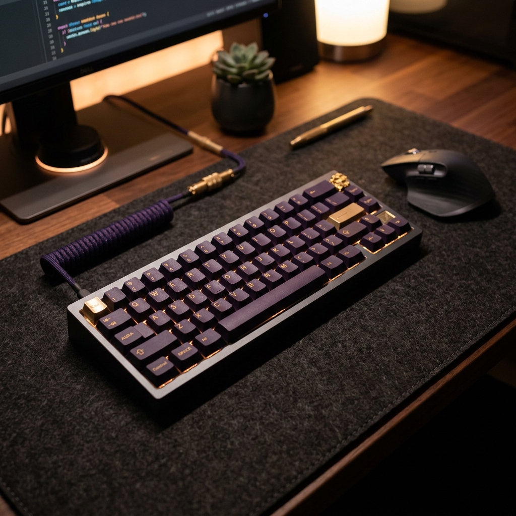 Custom mechanical keyboard with violet and gold keycaps resting on dark mat with precision mouse