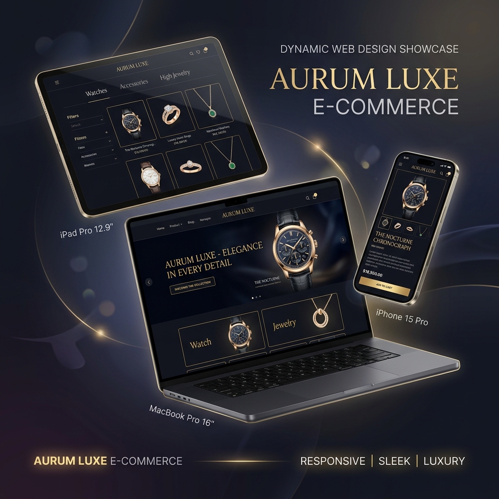 Responsive e-commerce brand website mockups showcasing laptop, tablet, and phone displays