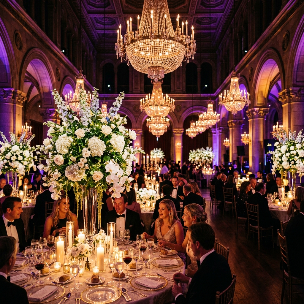 Elegant wedding reception setup with purple and amber ambient lighting