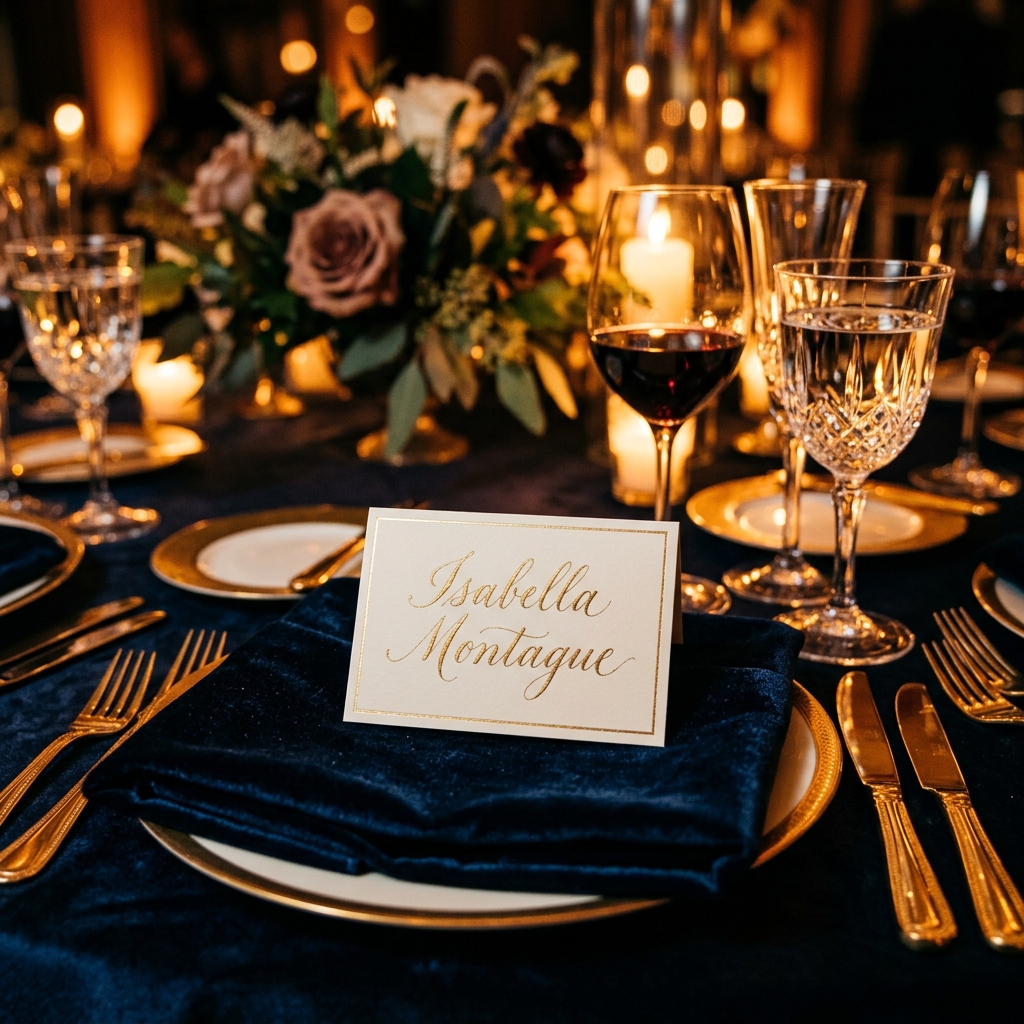 Close-up of premium table setting with gold calligraphy and cutlery