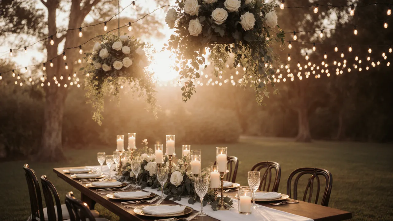 Cinematic wedding venue at golden hour — fairy lights, hanging florals, candles, crystal glassware