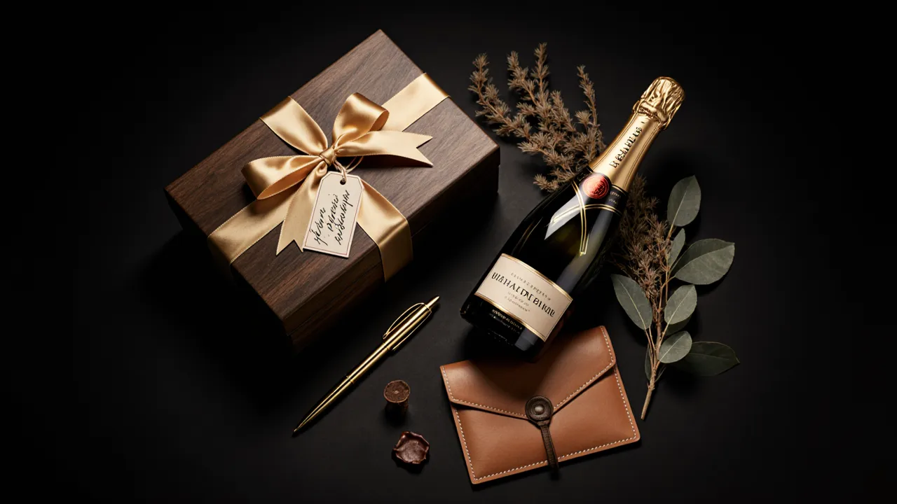 Luxury gift hamper flat lay with dark walnut box, gold ribbon, champagne and brass pen