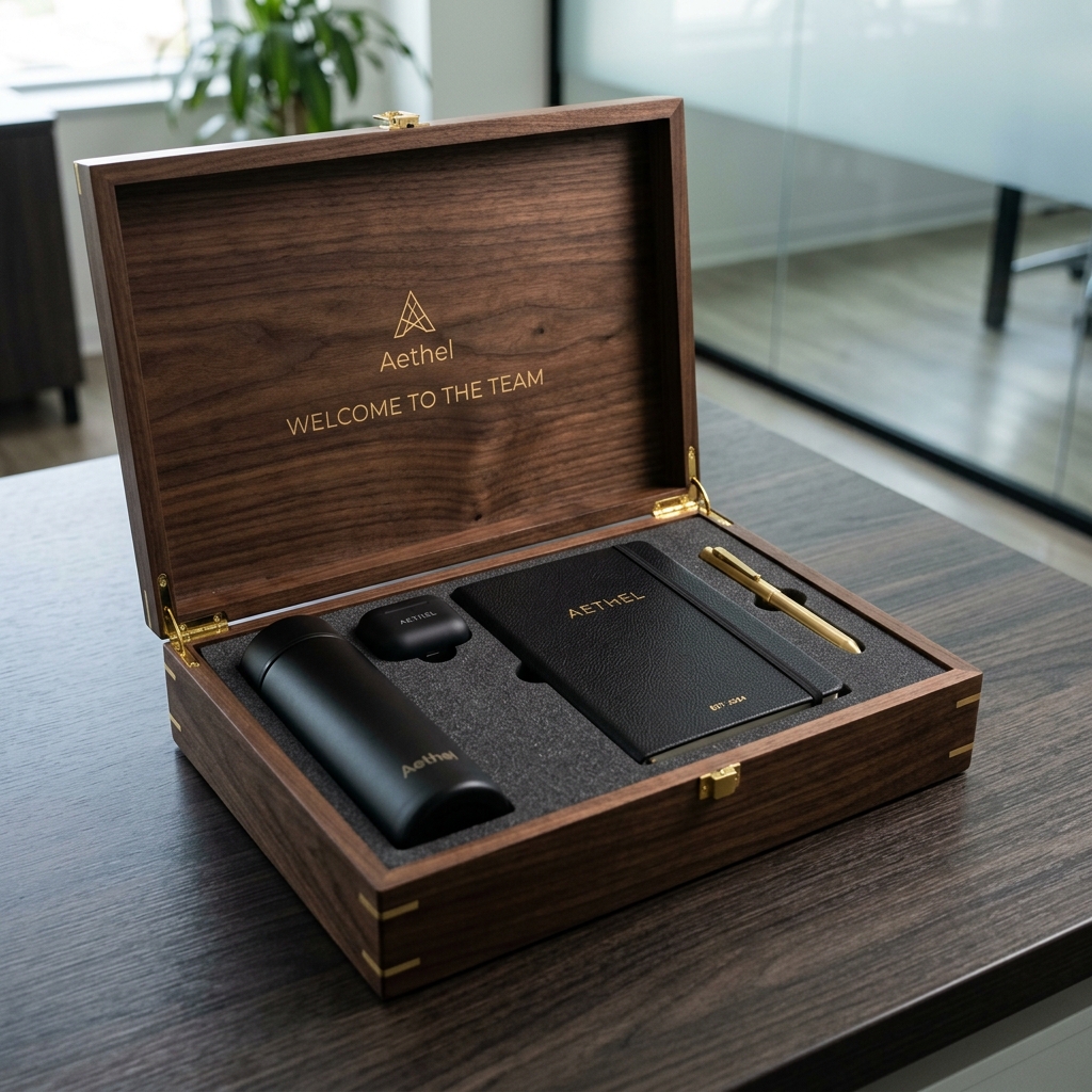 Corporate onboarding welcome gift kit inside walnut wood box