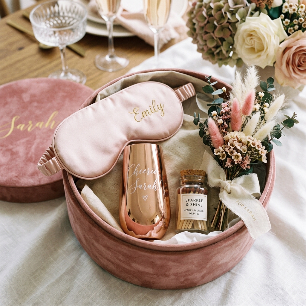 Personalized bridesmaid gift velvet round box with rose-gold champagne glass