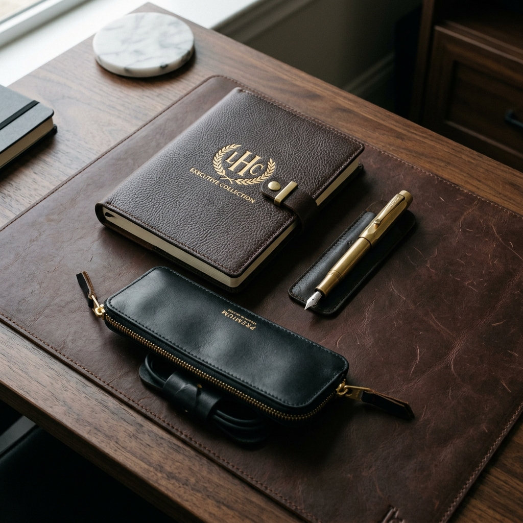 Premium high-end executive corporate gift collection arranged on leather mat